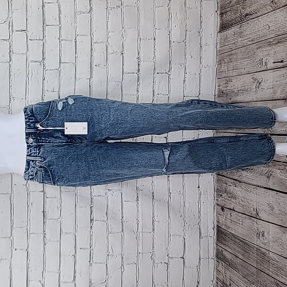 Good American Rigid Cotton '90s Duster Straight Leg Ripped Jeans In Blue950 NWT